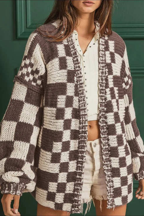 'Celandine' Checkered Drop Shoulder Cardigan - Celes Fashion
